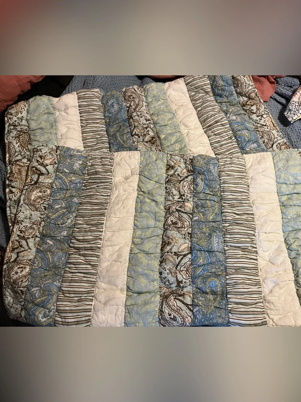 Greenland Home~ Pillow Shams~Blue Paisley Stripe Patchwork Quilt ~ 💯 Cotton